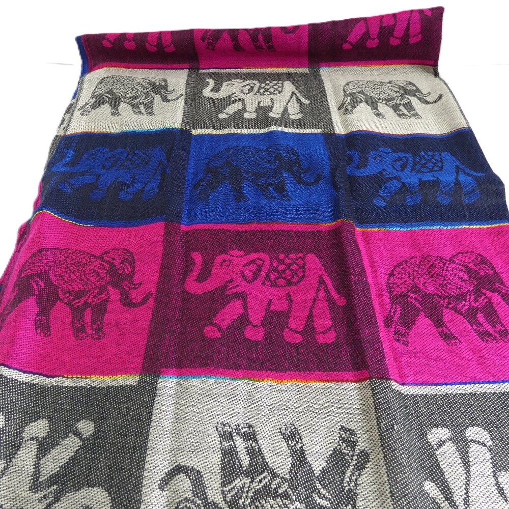 Silk Cashmere Scarf Pashmina Dark Pink & Blue Lucky Elephants Fashion Soft NWT